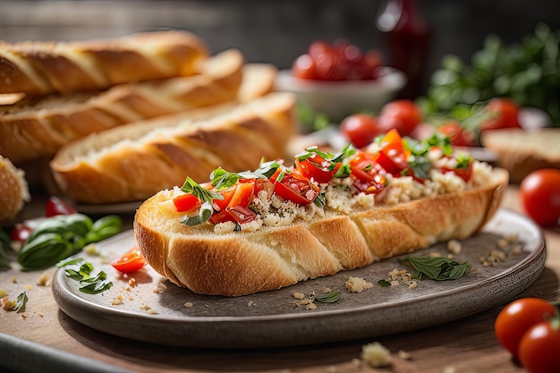 Baguette em fatias pronta para Bruschetta