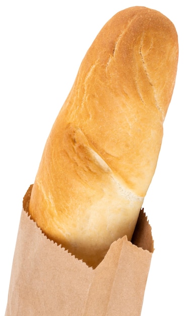 Baguette francés en la bolsa de papel aislada en blanco.