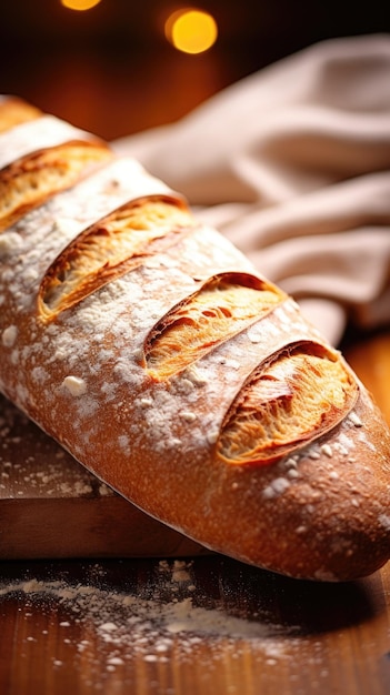 Baguette francesa fresca sobre una tabla de cortar de madera ai