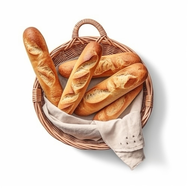 Baguette ist ein längliches Brot, das groß ist und eine sehr knusprige Konsistenz hat, die von der KI erzeugt wurde