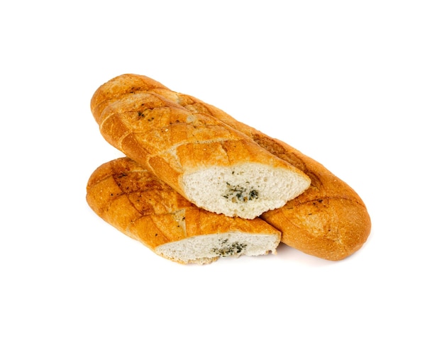 Baguette con mantequilla de ajo y hierbas aromáticas Pan de ajo aislado Vista superior Fotografía de alimentos