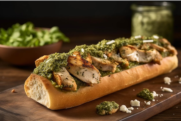 Baguette mit Hähnchen und Pesto-Sauce auf einem Holzbrett