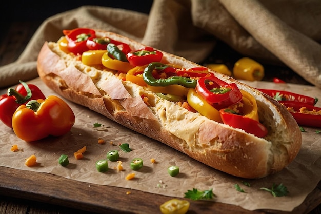 Foto baguette padrão cheio de húmus e pimentas