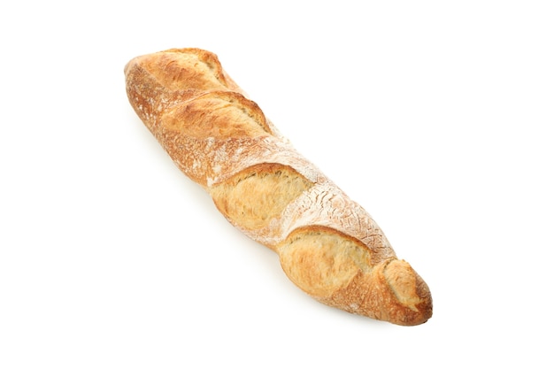 Baguette recién horneado aislado sobre fondo blanco.