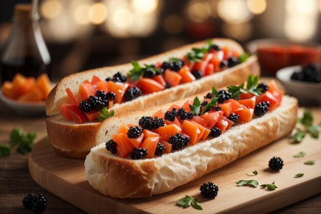 Baguette-Sandwiches mit rotem und schwarzem Kaviar