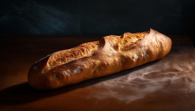 Una baguette sobre una mesa de fondo oscuro