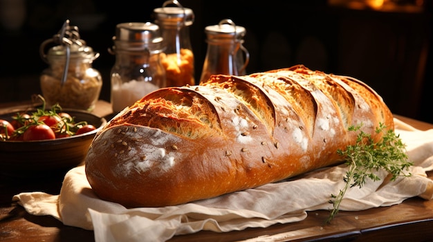 Baguette de trigo integral recién horneada sobre una mesa rústica de madera en el interior