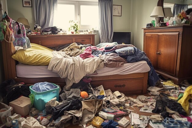 Foto bagunça no quarto de um adolescente as roupas estão espalhadas pelo chão da cômoda