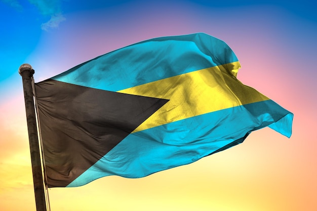 Bahamas-Landesflagge, Flagge 3d und farbiger Hintergrund.