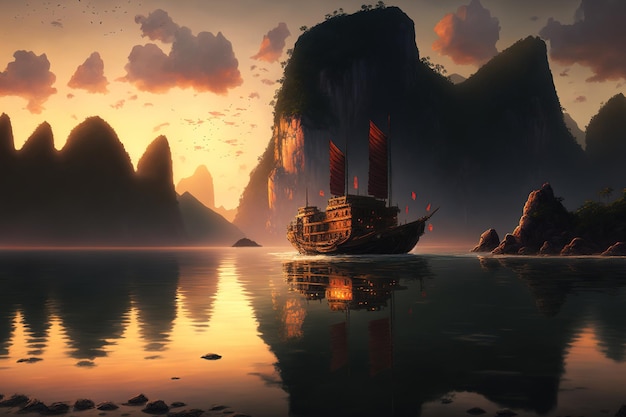 Bahía de Ha Long al atardecer con un barco de pesca a la izquierda