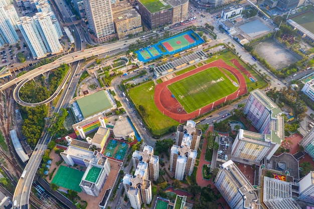 Bahía de Kowloon, Hong Kong 25 de abril de 2019: Vista superior del centro de la ciudad de Hong Kong