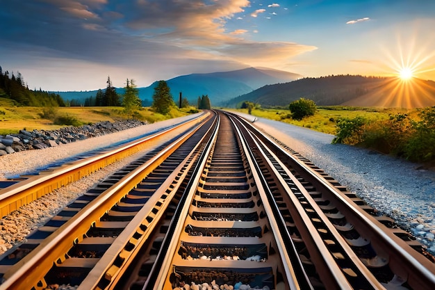 Foto bahngleise mit sonnenuntergang im hintergrund