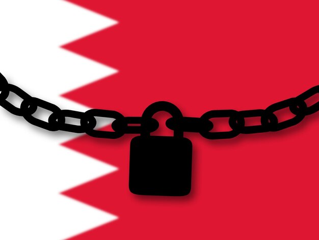 Bahrain-Sicherheit Silhouette einer Kette und eines Vorhängeschlosses über der Nationalflagge