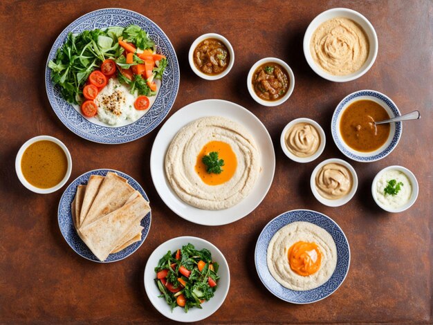 Bahrainisches Frühstück mit Hummus, Raita, Salat, Gemüsesauce und Brot, serviert in einer isolierten Schüssel