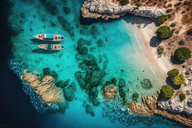 Baía com vários navios ancorados perto de uma ilha A água é calma e azul e o céu está claro com algumas nuvens visíveis A ilha é rochosa com vegetação verde crescendo nela Generative AI