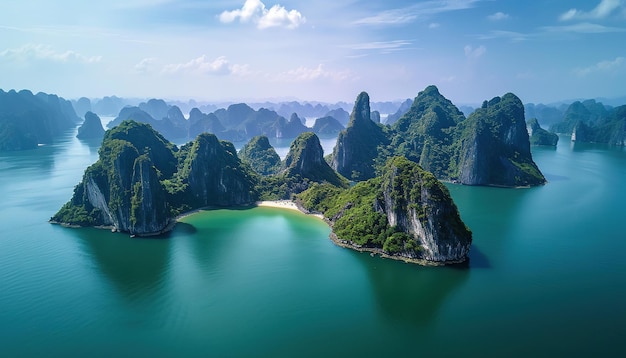 Foto baía de ha long baía de halong patrimônio mundial ilhas calcárias águas esmeraldas com barcos no vietnã