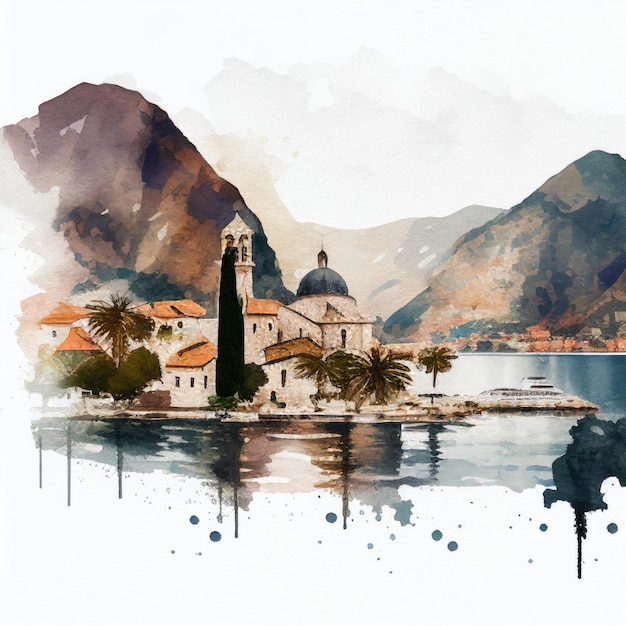 Baía de Kotor em estilo aquarela por Generative AI