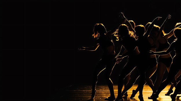 Bailando en el centro de atención Un grupo de bailarines actúan en un escenario con sus cuerpos en silueta contra un fondo oscuro