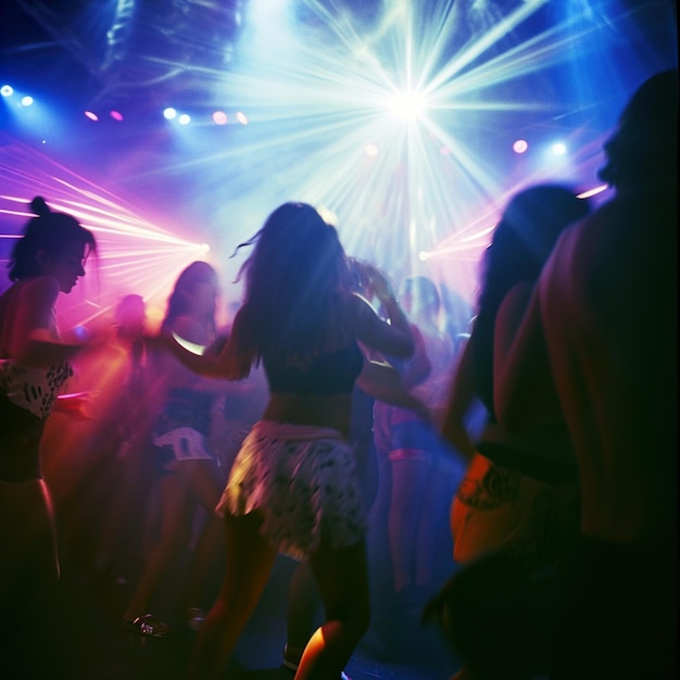 Bailando en la pista de baile con coloridos reflejos discoteca y luz