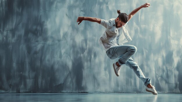 Un bailarín de hip hop está bailando en un fondo de hormigón