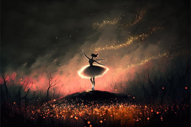 Foto la bailarina está bailando una bailarina bailando contra el fondo del cielo nocturno con luciérnagas pintura de ilustración de estilo de arte digital