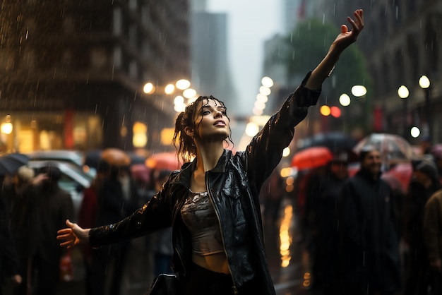 Bailarina bailando bajo la lluvia en la calle de la ciudad nocturna