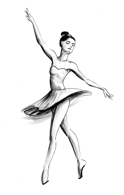 Bailarina de baile. Dibujo a tinta en blanco y negro