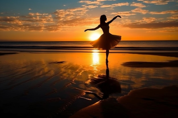 Una bailarina de ballet baila en la playa al atardecer.