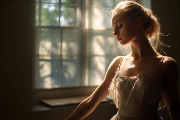 Una bailarina de ballet profesional practica en un estudio iluminado por el sol. IA generativa