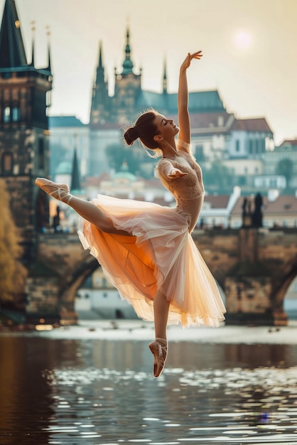 Bailarina de ballet con traje de color melocotón