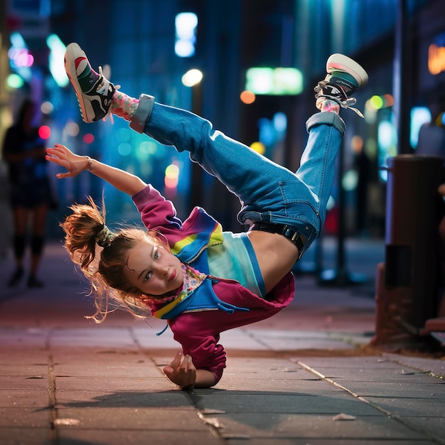 Foto bailarina de la calle baila breakdance en la calle de la noche