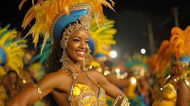 Bailarina de carnaval con tocado de plumas disfrutando del desfile