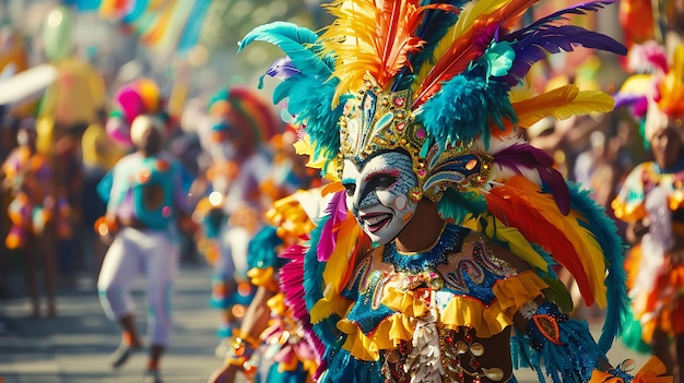 Una bailarina con un colorido tocado y disfraz de plumas actúa durante una celebración de carnaval