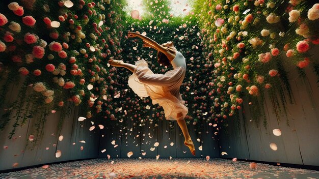 Foto bailarina contemporánea saltando en el aire rodeada de pétalos de flores flotantes en un jardín