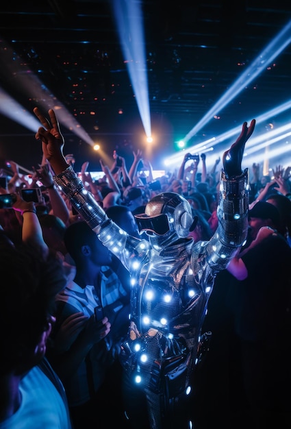 Foto bailarina en disfraz de neón con luces azules en una discoteca rodeada de personas luces láser discoteca