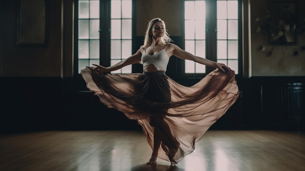 Una bailarina en un estudio de danza con una ventana detrás de ella.