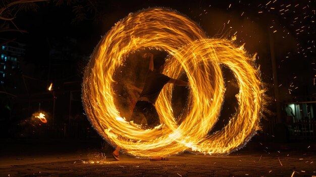 Una bailarina de fuego gira con gracia las llamas que giran alrededor de su cuerpo.