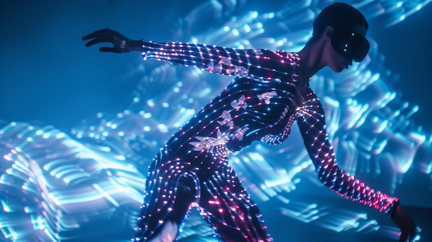 Bailarina futurista en traje LED actuando en un entorno de realidad virtual con una pantalla de luz digital vibrante