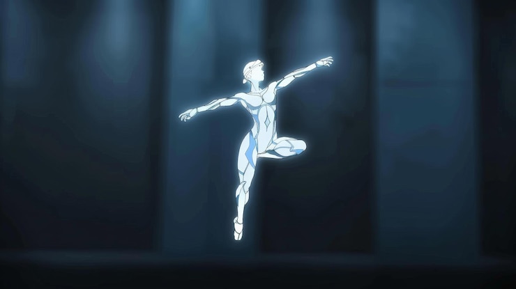 Foto una bailarina holográfica futurista hace una elegante pose bajo una iluminación dramática. la escena está impregnada de un aura de arte digital e innovación.
