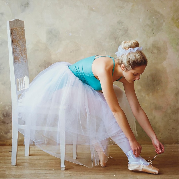 Bailarina jovem e graciosa em sapatilhas e um tutu dança no estúdio. Coreografia, dança