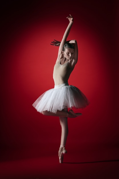 Bailarina. Joven bailarina de ballet femenino agraciado bailando en rojo studioskill. Belleza del ballet clásico.