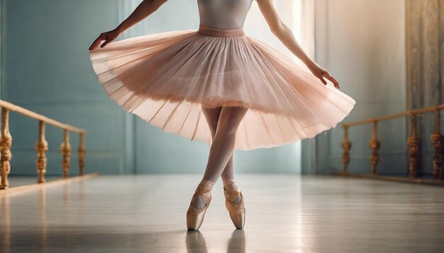 bailarina con piernas delgadas en punta graciosamente en equilibrio en un estudio de baile de colores pastel