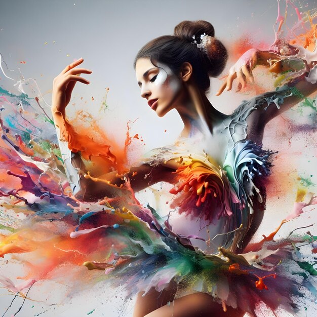 Una bailarina que baila como si estuviera hecha de pinturas derramadas de varios colores
