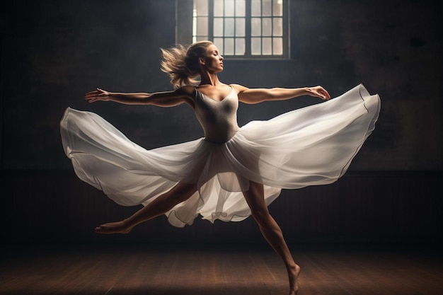 Una bailarina en un tutú blanco con una ventana detrás de ella.