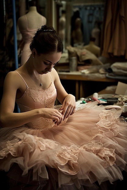 Una bailarina con un vestido rosa está cosiendo su vestido.