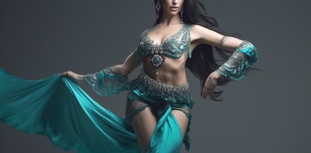 Bailarina del vientre en traje turquesa sobre un fondo gris generativo ai