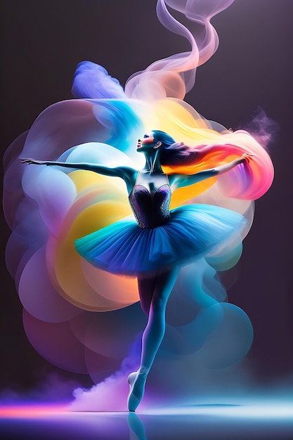 Bailarines abstractos Ballet en humo y luz Mujeres coloridas haciendo cabriolas en movimiento con gracia