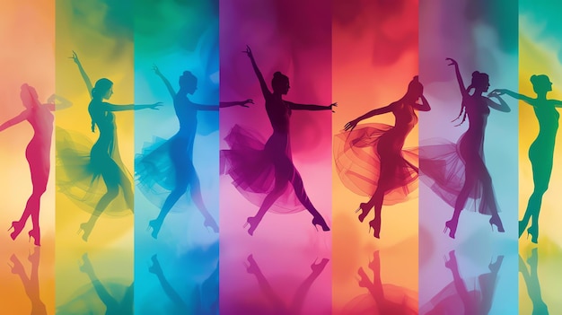 Foto bailarines de colores bailarines con vestidos de colores en un fondo multicolor brillante