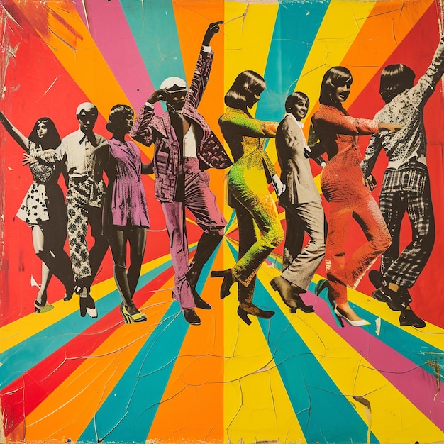Bailarines coloridos del renacimiento disco de los años 70 en el piso monocromo