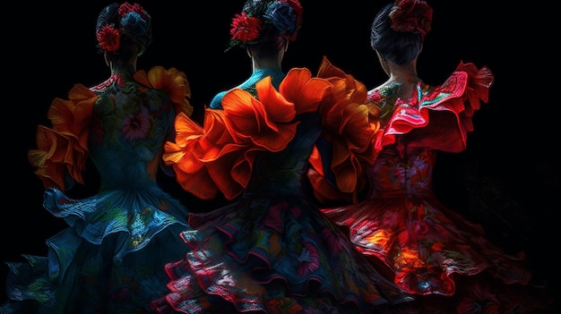 Foto bailarines de flamenco en vestidos coloridos sobre fondo negro generativo ai